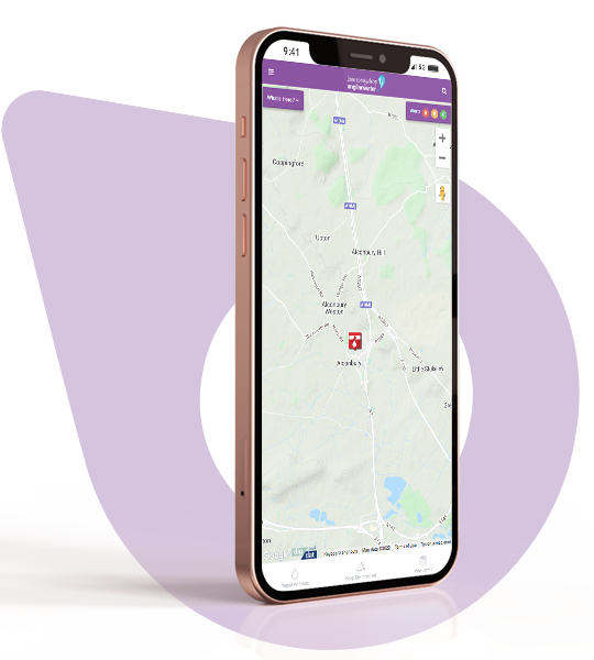 Anglian Water In Your Area website shown on a mobile phone with a purple map marker shown in the background.