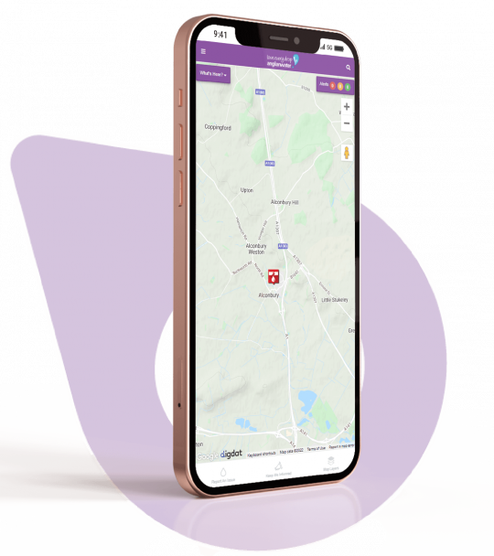 Anglian Water In Your Area website shown on a mobile phone with a purple map marker shown in the background.